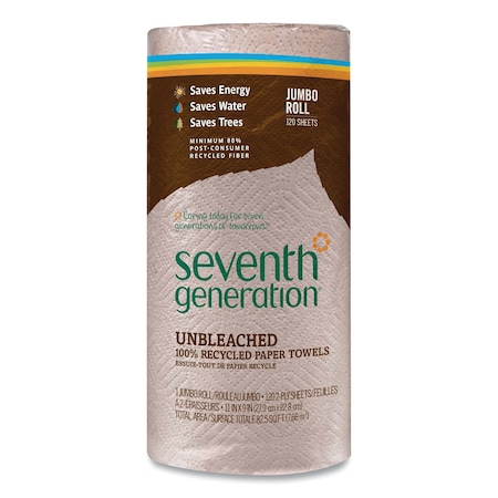 Seventh Generation Perforated Roll Paper Towels, 2 Ply, 120 Sheets, 90 ft, Brown 13720